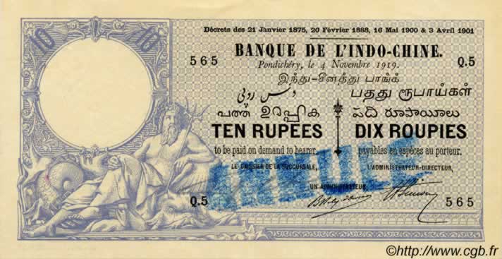 10 Rupees - 10 Roupies Spécimen FRENCH INDIA  1919 P.02bs XF+