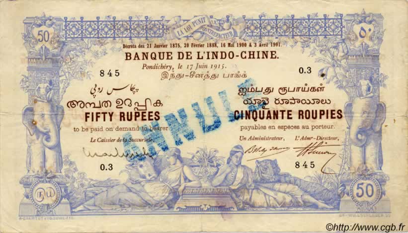 50 Rupees - 50 Roupies INDIA FRANCESA  1915 P.03bs q.BB