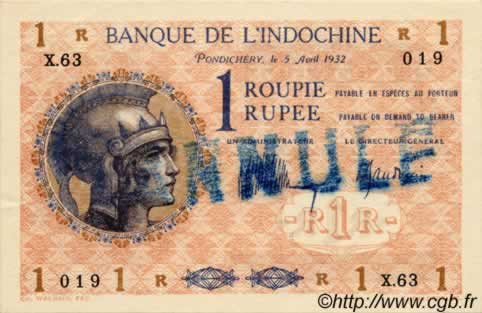 1 Roupie Spécimen FRENCH INDIA  1932 P.04cs AU