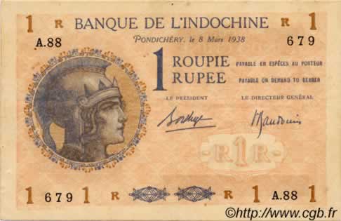 1 Roupie FRENCH INDIA  1938 P.04d VF+