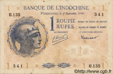 1 Roupie FRANZÖSISCHE-INDIEN  1945 P.04d fVZ