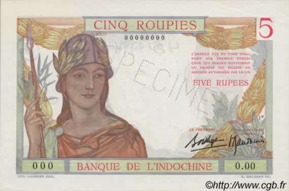 5 Roupies FRENCH INDIA  1936 P.05s UNC-