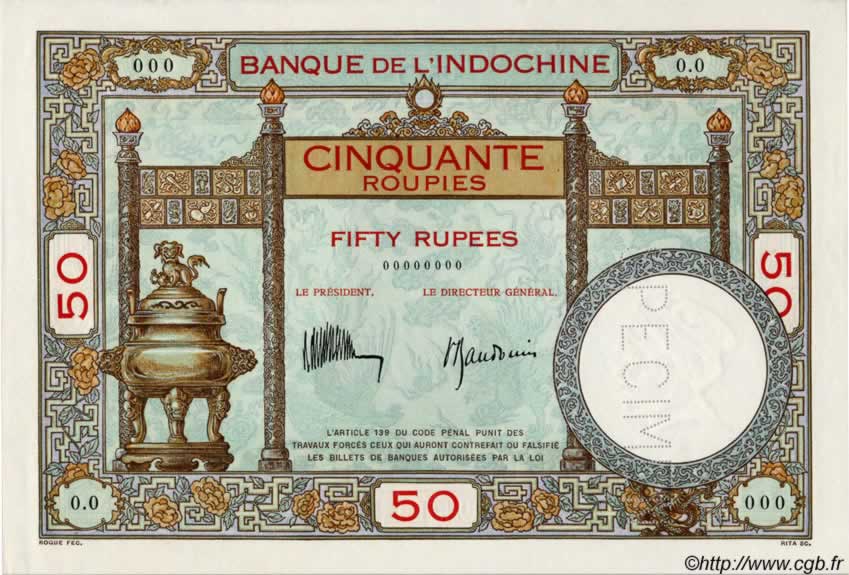 50 Roupies INDE FRANÇAISE  1932 P.07as pr.NEUF