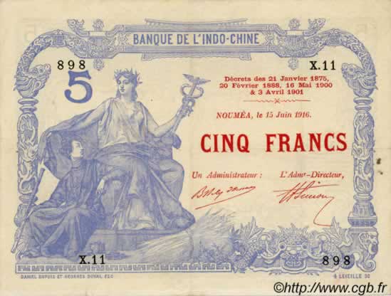 5 Francs NEW CALEDONIA  1916 P.15a VF