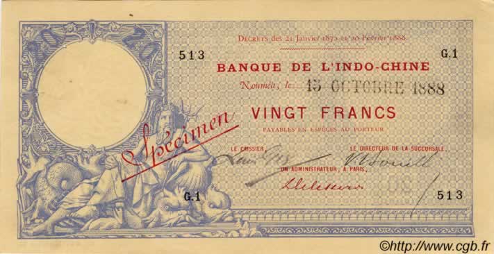 20 Francs NOUVELLE CALÉDONIE  1888 P. -s SPL
