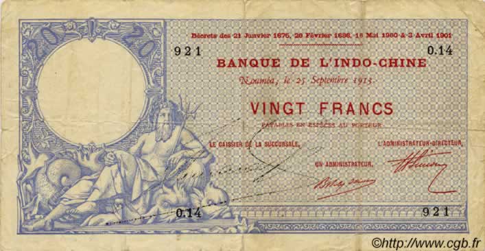 20 Francs NOUVELLE CALÉDONIE  1913 P.16b q.BB