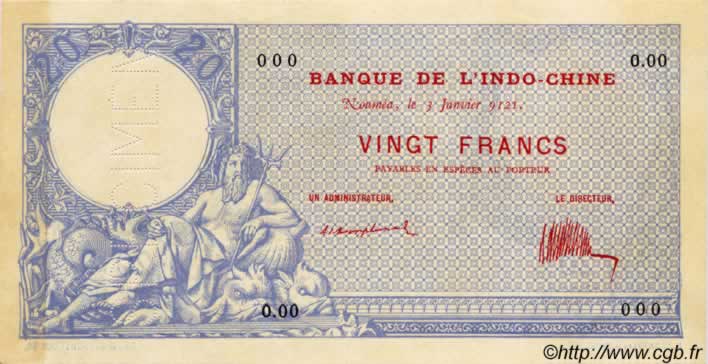 20 Francs NOUVELLE CALÉDONIE  1921 P.20s pr.SPL