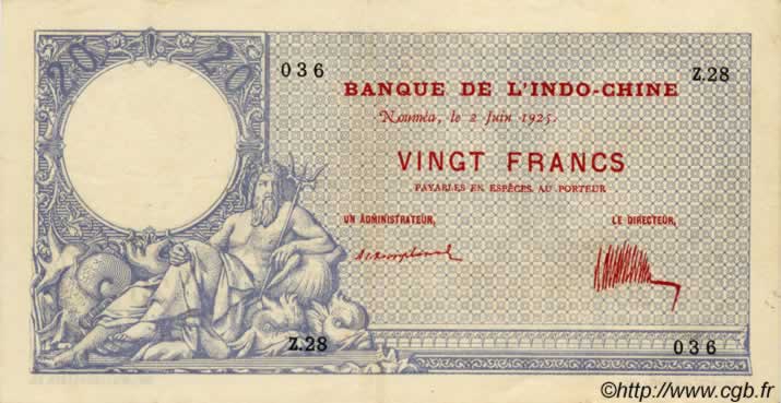 20 Francs NEW CALEDONIA  1925 P.20 XF-