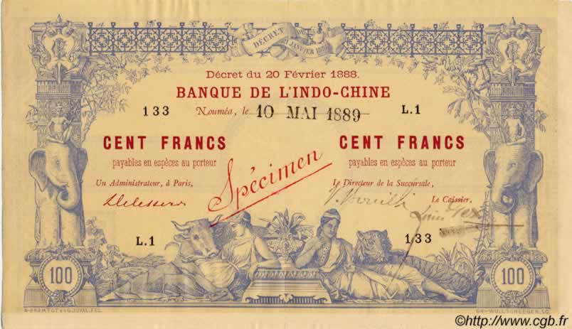 100 Francs NEW CALEDONIA  1889 P.12s XF