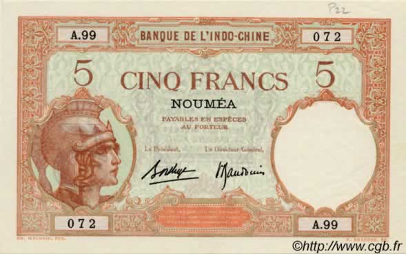 5 Francs NOUVELLE CALÉDONIE  1936 P.36b XF+