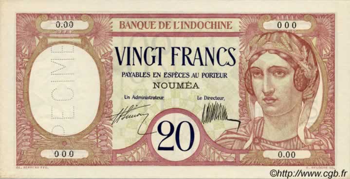 20 Francs Spécimen NOUVELLE CALÉDONIE  1927 P.37as AU+