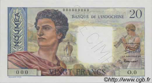 20 Francs NOUVELLE CALÉDONIE  1954 P.50as NEUF