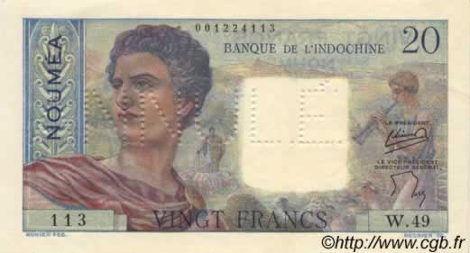 20 Francs NOUVELLE CALÉDONIE  1954 P.50b UNC-