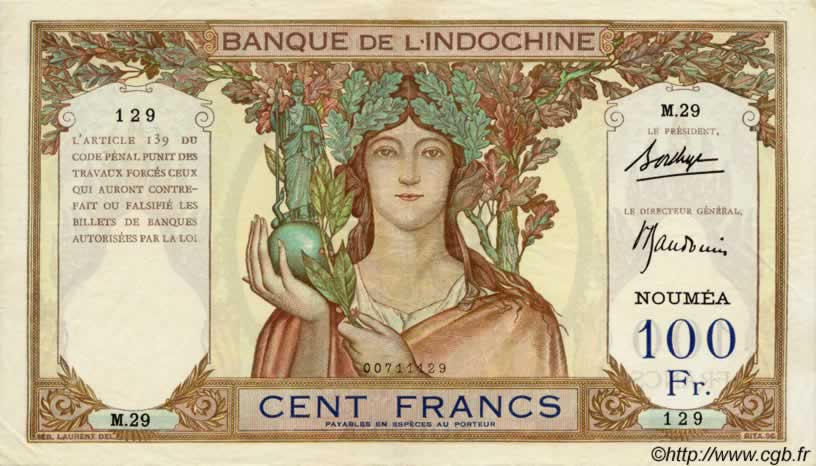 100 Francs NOUVELLE CALÉDONIE  1937 P.42b MBC+