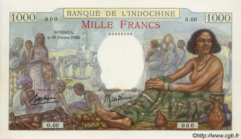 1000 Francs Épreuve NEW CALEDONIA  1938 P.43a var AU-