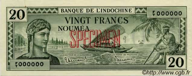 20 Francs NOUVELLE CALÉDONIE  1944 P.49s EBC+