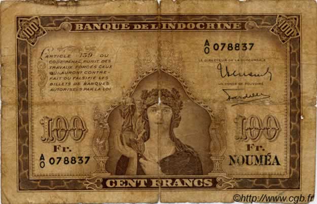 100 Francs NEW CALEDONIA  1942 P.44 G