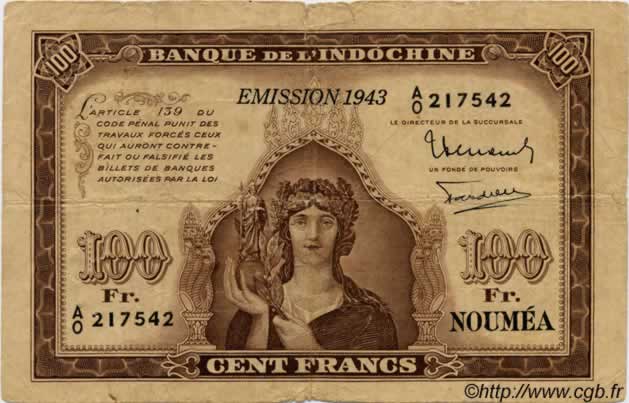 100 Francs NOUVELLE CALÉDONIE  1943 P.46a VG