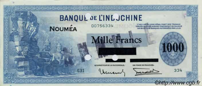 1000 Francs NEW CALEDONIA  1943 P.45s AU
