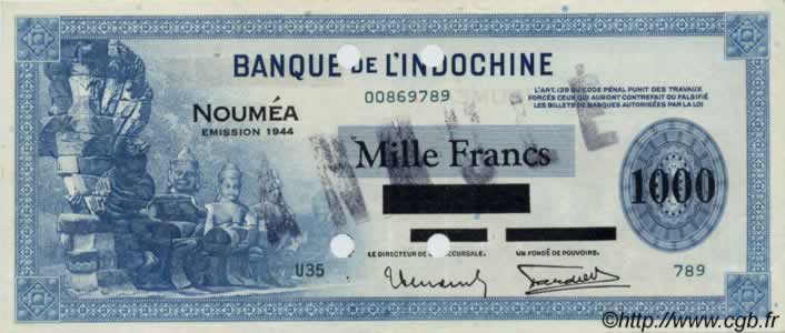 1000 Francs NEW CALEDONIA  1944 P.47bs XF+