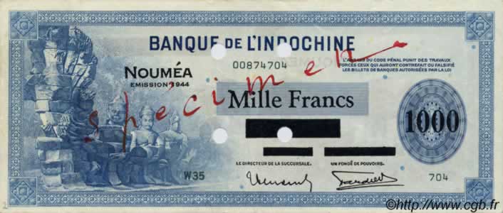 1000 Francs NEW CALEDONIA  1944 P.47bs VF+