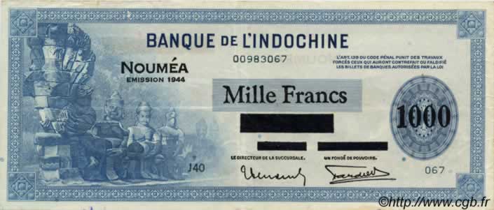1000 Francs NEW CALEDONIA  1944 P.47b VF+