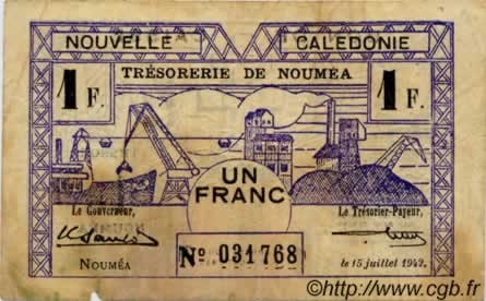 1 Franc NOUVELLE CALÉDONIE  1942 P.52 TB