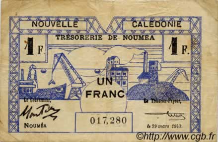 1 Franc NEW CALEDONIA  1943 P.55a F+