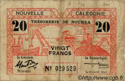 20 Francs NOUVELLE CALÉDONIE  1943 P.57a RC+