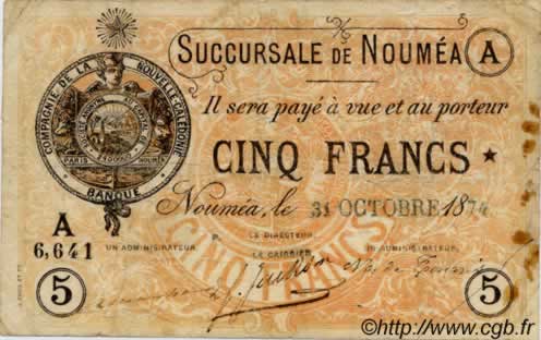 5 Francs NOUVELLE CALÉDONIE Nouméa 1874 P.02 var pr.TB