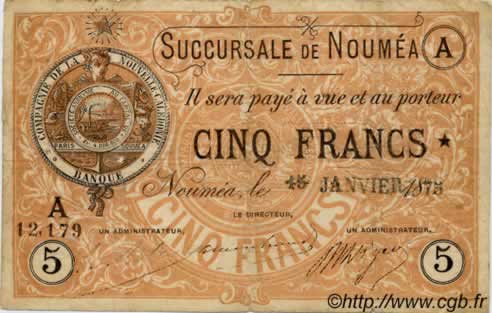 5 Francs NOUVELLE CALÉDONIE Nouméa 1875 P.02 fSS