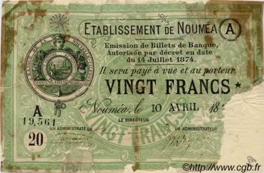 20 Francs NOUVELLE CALÉDONIE Nouméa 1875 P.07 GE