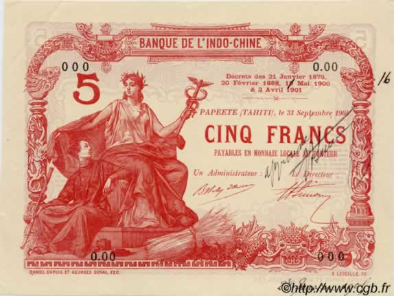 5 Francs TAHITI  1904 P.01a var fST