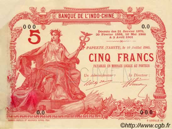 5 Francs TAHITI  1905 P.01a vars SC