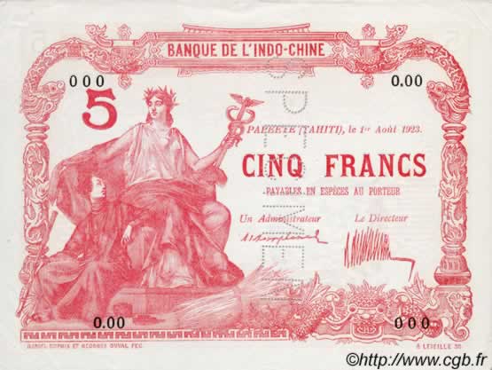 5 Francs Spécimen TAHITI  1923 P.04s fST