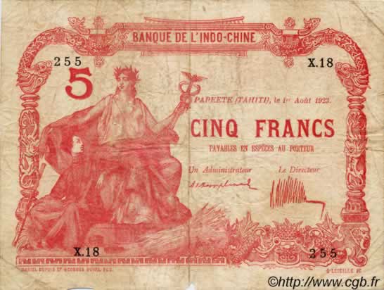 5 Francs TAHITI  1923 P.04 fS