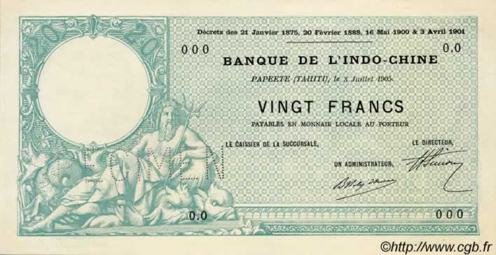 20 Francs TAHITI  1905 P.02s FDC
