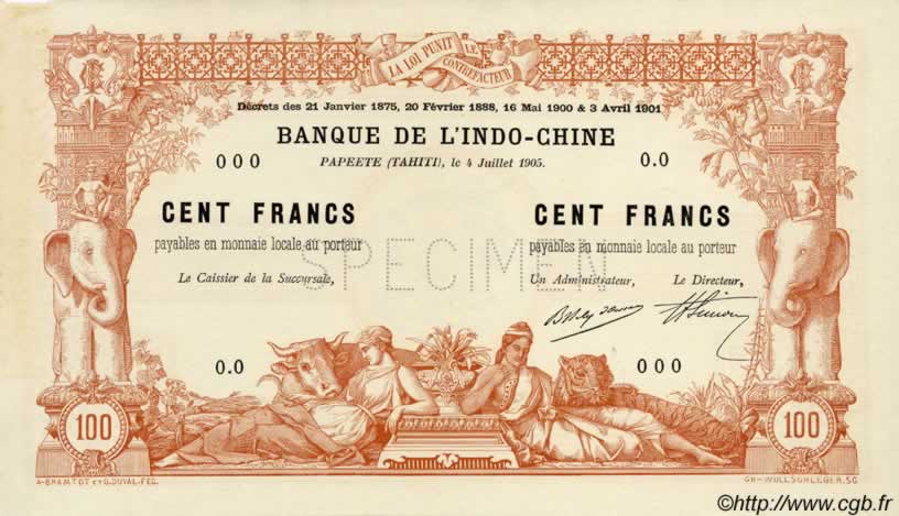 100 Francs TAHITI  1905 P.03 vars AU