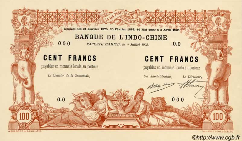 100 Francs TAHITI  1905 P.03 vars UNC