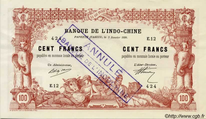 100 Francs TAHITI  1920 P.06bs q.AU