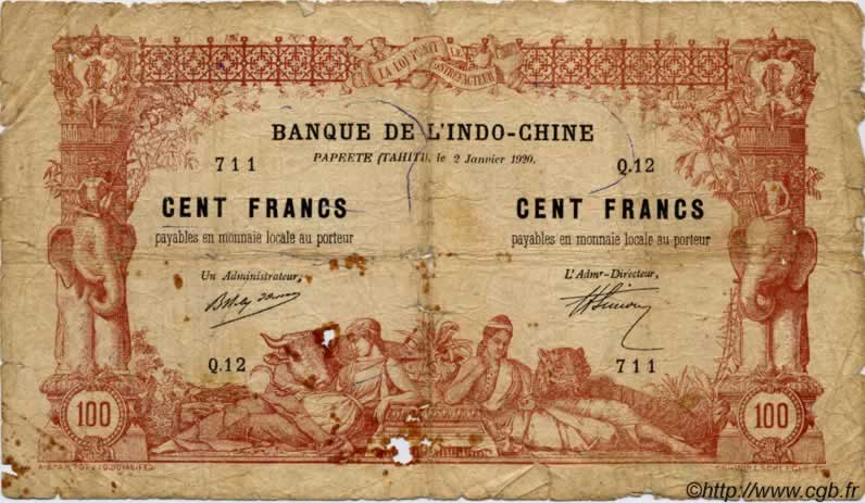 100 Francs TAHITI  1920 P.06b SGE