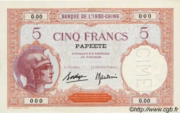5 Francs TAHITI  1936 P.11cs ST