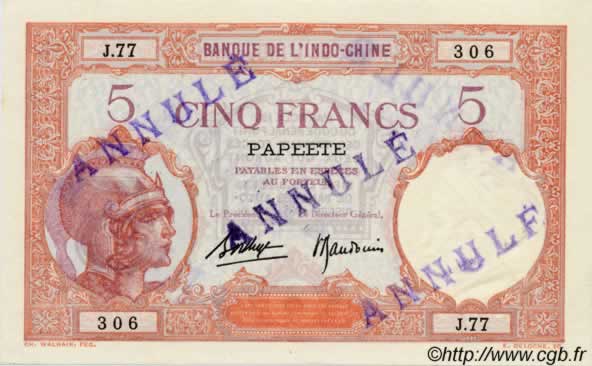 5 Francs TAHITI  1936 P.11cs UNC