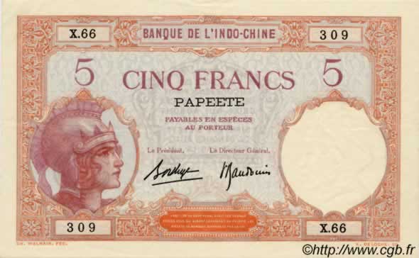 5 Francs TAHITI  1936 P.11c EBC