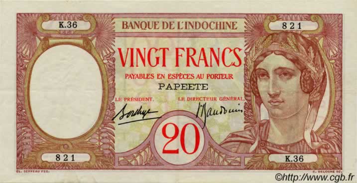 20 Francs TAHITI  1936 P.12c q.SPL