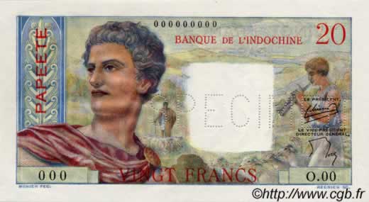 20 Francs TAHITI  1954 P.21bs ST