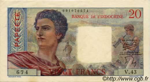 20 Francs TAHITI  1954 P.21b VF+