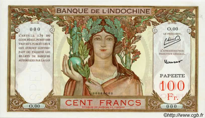 100 Francs TAHITI  1952 P.14bs ST