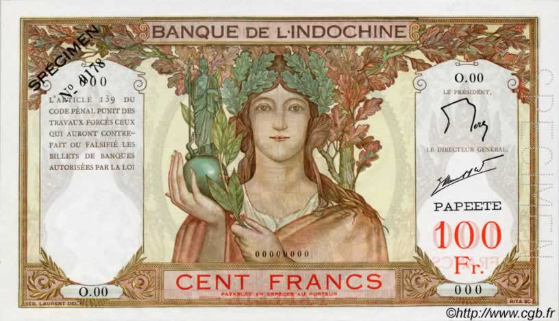 100 Francs Spécimen TAHITI  1961 P.14ds NEUF