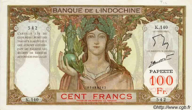 100 Francs TAHITI  1961 P.14d EBC